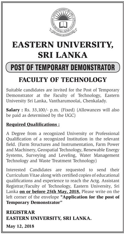 Temporary Demonstrator - Eastern University